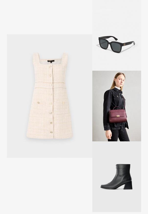 Krämfärgad klänning gjord av strukturerad tyg. Har fyrkantig halsringning, knapprad fram och två framfickor med dekorativa knappar.; Svart läderankelboot med fyrkantig tå, sidodragkedja och klack mot en enkel ljus bakgrund.; Svarta solglasögon med rektangulära linser, som har en blank yta och guldiga logotypdetaljer på bågarna. Mörkgrå linser ger UV-skydd.; Burgunderröd läderväska med guldspänne, strukturerad form, handtag upptill och justerbar axelrem. Modellen bär en denimjacka.