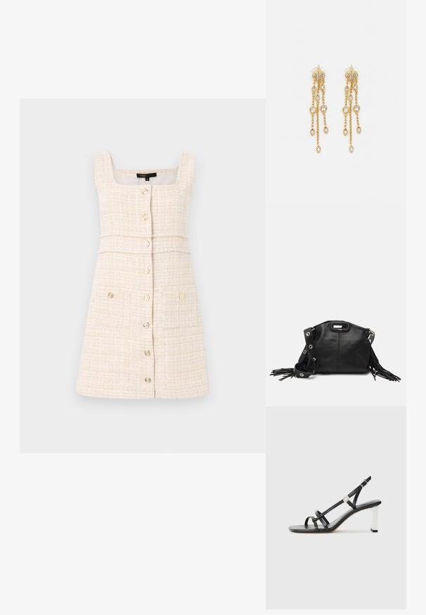 Cremfarbendes Kleid aus strukturiertem Stoff. Mit einem quadratischen Ausschnitt, Knopfverschluss und zwei vorderen Taschen mit dekorativen Knöpfen.; Schwarze High-Heelsandalen mit mehreren schmalen Riemen, im Slingback-Design und einem silbernen Akzent an der Ferse. Glattes Obermaterial und blockförmige Ferse.; Maje MISS MINI - Umhängetasche - noir; Goldtonige Ohrringe mit mehreren kaskadierenden Ketten, verziert mit klaren ovalen Strasssteinen und dekorativen Ohrsteckern.