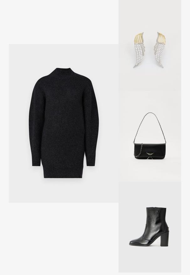 Fekete bordás pulóverruha magas nyakkal és hosszú ujjal. Az anyag lágy hatású, enyhén texturált felülettel rendelkezik.; Fekete bőr bokacipő sima textúrával, hegyes orral és vastag, magas sarkával. Oldalnyílással és minimalista dizájnnal rendelkezik.; Fekete bőrtáska ezüstlánc pánttal, díszes szárnyakkal és fehér varrással az alsó varrat mentén.; Két szárnyformájú fülbevaló, ezüstszínű fémből, átlátszó, kerekre csiszolt strasszokkal és aranyszínű fémbetétekkel, rétegezett kialakítással.