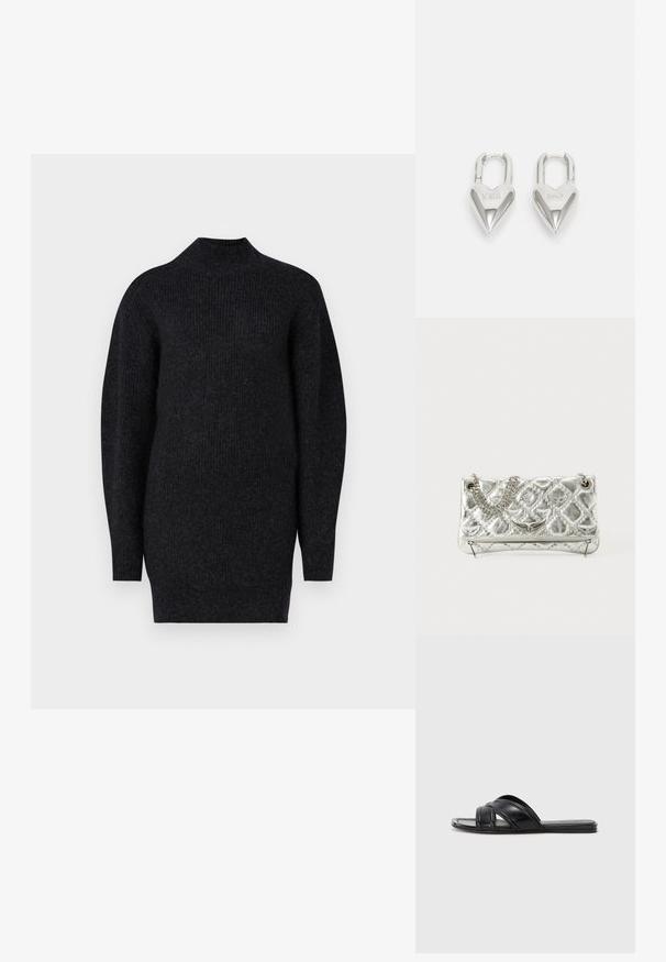 Abito in maglia nero a costine con collo alto e maniche lunghe. Il tessuto sembra morbido con una finitura leggermente texturizzata.; Infradito neri con finitura in pelle liscia, dotati di cinturini incrociati e dettagli a taglio, con una suola piatta e flessibile.; Borsa a tracolla in metallo argento con manico a catena, texture trapuntata, cuciture decorative e chiusura zip. Presenta dettagli in rilievo sul fronte.; Lucchetti a forma di cuore in argento con incisioni "SÌ" e "NO", finitura lucida, design simmetrico e un robusto gancio in metallo.