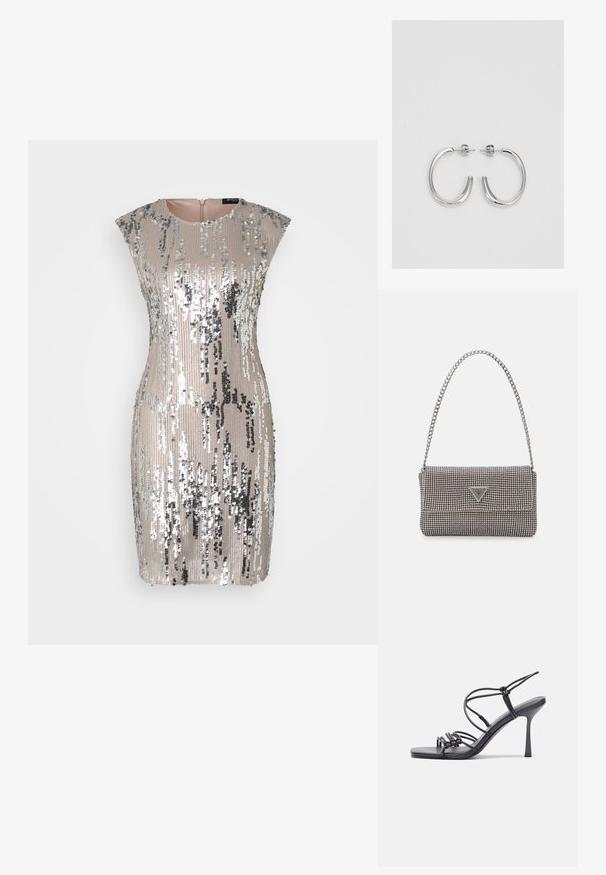 Trumpas, prigludęs suknelė su trumpomis rankovėmis, padengta sidabro ir aukso blizgučiais, su apvalia iškirpte ir užtrauktuku nugaroje.; Juodos aukštakulnės sandalai pasižymi plonyčiais dirželiais su mazgo dizainu, lygiu kvadratiniu pirštu ir elegantišku stiletto kulnu.; Šviesiai pilka metalinė rankinė su grandinėlės dirželiu, papuošta mažais apvaliais metaliniais smeigėmis ir trikampiu prekės ženklu.; Sidabriniai lankelio formos auskarai su lygiu, blizgiu paviršiumi, išlenktos formos ir su užsegimu. Minimalistinio dizaino su moderniu apdaila.