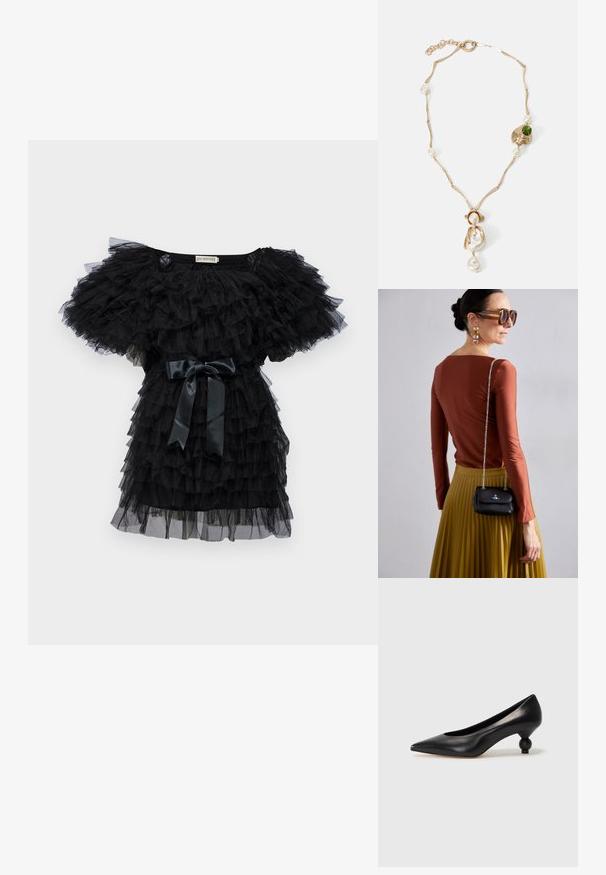 Juodas tulio suknelė su voliotais sluoksniais, trumpomis pūkuotomis rankovėmis ir satino dirželiu juosmens vietoje. Permatomas audinys suteikia apimties ir dimensijos.; Juoda odinė aukštakulnė bateliai su smailiu pirštu ir apvaliu, iškiliu kulnu. Lygus paviršius su elegantišku, minimalistiniu dizainu.; Vivienne Westwood SMALL PURSE CHAIN - Rankinė per petį - black; Auksinės spalvos apyrankė su susuktomis grandinėmis, baltais perlais ir žaliuoju akmeniu. Pasižymi sudėtingais detalėmis ir užsegimu.