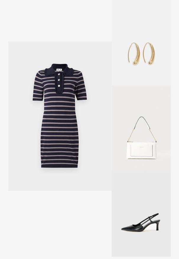 Mørkeblå kjole med horisontale hvite og rosa striper, korte ermer, en volangkrage og en knappestolpe med tre knapper.; Sorte patent slingback hæl med spids tå, featuring tekstureret slangeskind, justerbar rem og en kort, tekstureret blokhæl.; Hvit lærveske med teksturert overflate, utstyrt med gullkjede for å bære over skulderen og svarte detaljer. Inkluderer en frontlomme og glidelås.; Gullfargede metalløredobber med en buet, forlenget form. Har en jevn, blank overflate og en avrundet tupp for ekstra detaljer.