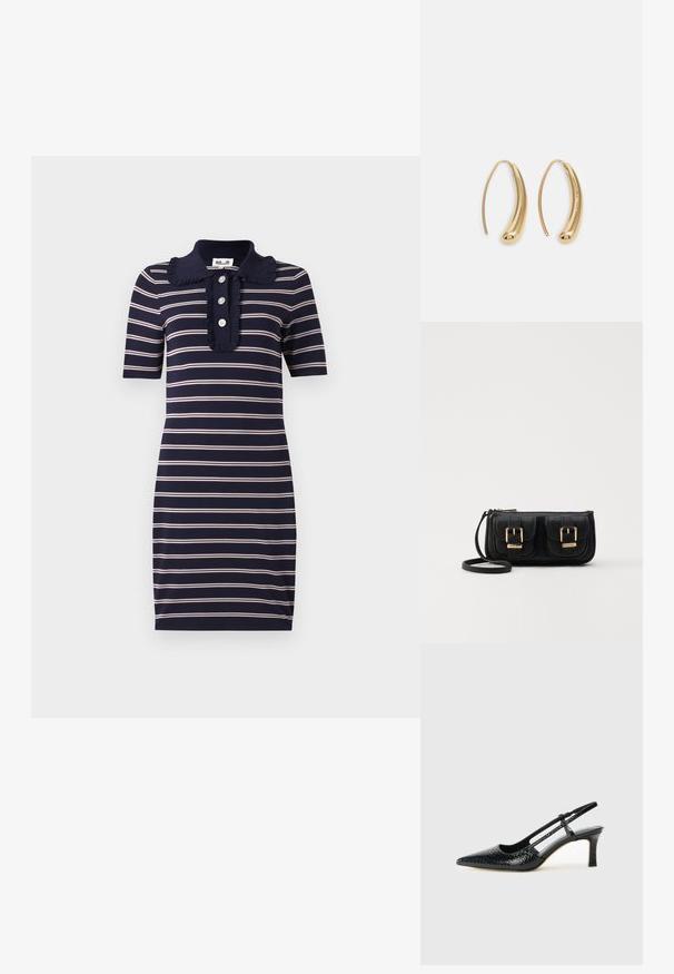 Tmavomodré šaty s horizontálnymi bielymi a ružovými pruhmi, krátkymi rukávmi, volánovým golierom a zapínaním na tri gombíky.; Čierne patentové slingback topánky na ihlovom podpätku s špicatou špičkou, s textúrovaným hadím vzorom, nastaviteľným popruhom a krátkym, textúrovaným blokovým podpätkom.; Čierna kožená crossbody taška s dvoma prednými vreckami, zlatými sponami, zipsovým uzatváraním a úzkym popruhom. Štruktúrovaný povrch a kompaktný obdĺžnikový tvar.; Náušnice vo forme zlatých kovových kruhov s zakriveným, predĺženým tvarom. Majú hladký, lesklý povrch a zaoblený koniec pre pridanie detailu.