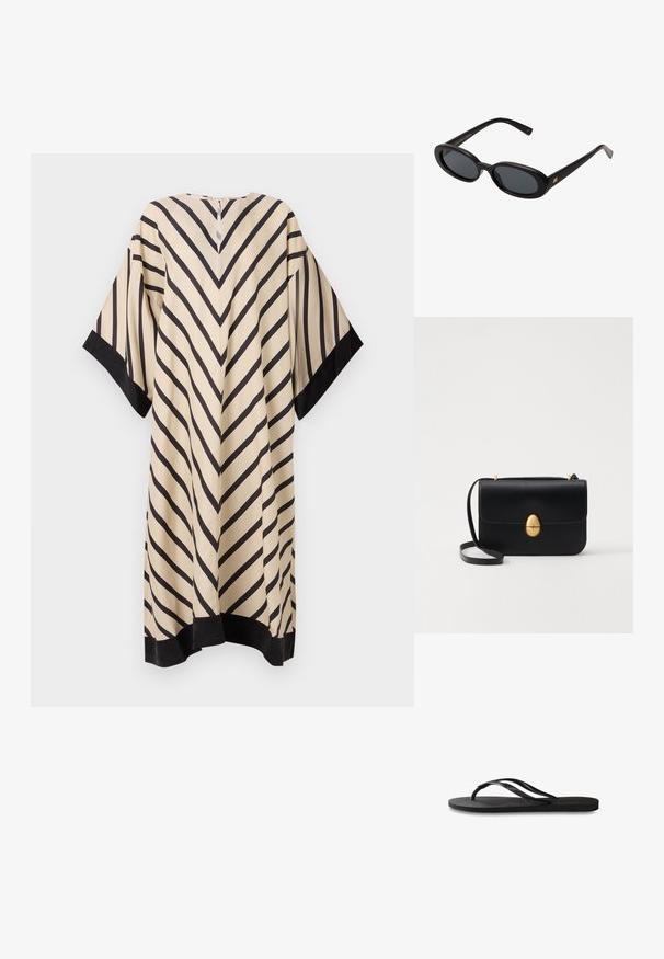 Beigs kleita ar melniem diagonāliem svītrām, platām piedurknēm un izliekta apmale. Gluda auduma ar pogu aizdari aizmugurē.; Melni čības ar teksturētu gumijas zoli, divām plānām siksniņām un smalku, iespiedotu logotipa detaļu uz siksniņas.; Melnu pārspīlēto saulesbrilles ar ovālām lēcām, gludu plastmasas rāmja un zelta akcentiem uz tempļiem. Tumšie lēcas nodrošina saules aizsardzību.; Melnas ādas rokassomu ar strukturētu taisnstūra formu. Iespējas zelta ovāla slēdzis un plāns plecu siksna. Gluda tekstūra.