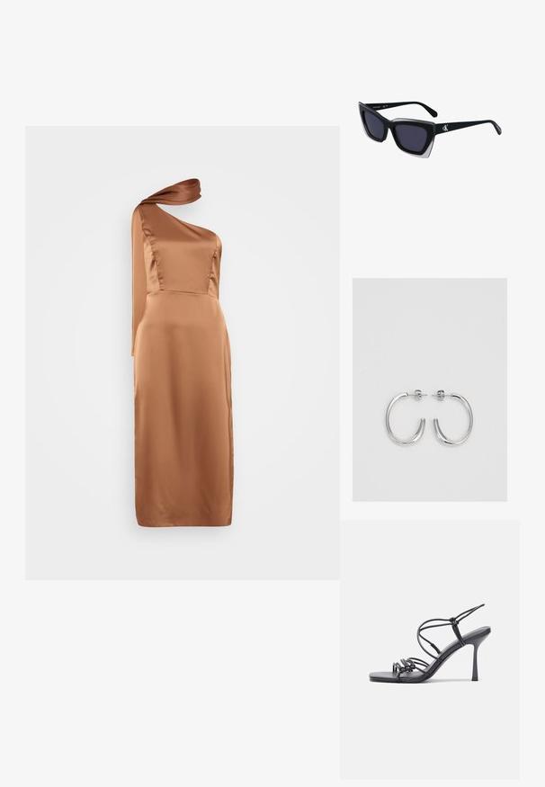 Ühe õlaga kleit siledast, keskpruunist satiinist. Üksik rinnaosa, põlvepikkune, õlal drapeeringu detailiga. Minimalistlik disain.; Mustad musta värvi kontsandaalid on varustatud peente rihmadega, millel on sõlmekujundus, siledad ruudukujulised varbad ja stiilne stilettokonts.; Mustad suured mustad prillid geomeetrilise kujuga, tumedate läätsedega ja kontrastse halli detailiga raamidel. Logo käe peal.; Hõbedased rõngaskõrvarõngad, millel on sile ja läikiv pind. Ümar kuju, kerge disain, millel on post-tagumise kinnituse süsteem.