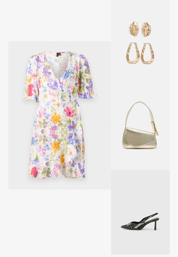 Rochie înflorată cu mâneci scurte și puff, decorată cu flori multicolore în nuanțe de roz, violet, albastru și galben pe un fundal alb. Material ușor.; Pantofii slingback din piele lăcuită neagră, cu vârf ascuțit, bretele pentru gleznă cu catarame și accesorii din argint, și un toc subțire.; Geantă de umăr metalică aurie cu un design structurat, textură netedă și curea reglabilă. Prezintă o formă triangulară unică și cusături minimaliste.; Cercei aurii cu forme texturate și ondulate. Include studs sculpturale cu clip și un design de cerc deschis cu un finisaj cioplit.
