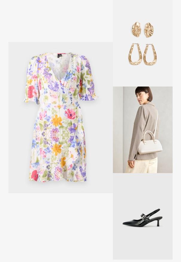Cvijetna haljina s kratkim napuhanim rukavima, s raznobojnim cvjetovima u ružičastoj, ljubičastoj, plavoj i žutoj boji na bijeloj podlozi. Lagana tkanina.; Crne lakirane slingback potpetice s oštrim prstom i malom blok petom, s naglaskom na srebrnoj kopči na remenu.; Bijela strukturna torba s kratkim ručkama i remenom za rame, s zlatnim metalnim detaljima i teksturiranim materijalom, prikazana na sivoj pozadini.; Naušnice zlatne boje s teksturiranim, valovitim oblicima. Uključuju skulpturalne kopče i dizajn otvorene kružnice s kovanom završnom obradom.