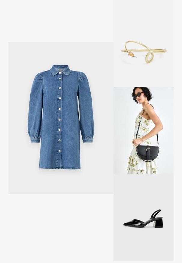 Denim-mekko, jossa on pitkät puffihihat, nappi-edessä sulku, kaulus ja suora leikkaus. Sininen kangas, jossa on sileä pinta.; Mustat patentoitu nahkakengät, joissa on säären takaosa ja terävä kärki, sekä geometrinen palikkakorko. Sisältää tyylikkään, minimalistisen muotoilun ja sileän pinnan.; Musta nahkainen käsilaukku, joka on kaareva muotoilultaan, irrotettavalla hihnalla ja kultaisilla yksityiskohdilla. Laukussa on läppä, jossa on solk yksityiskohta.; Kultainen metallinen ranneketju, jossa on sulava ja kaareva muotoilu. Yhdessä päässä on pieni, hallitseva hopeanvärinen korostus.