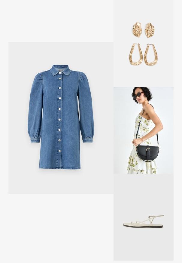 Denimkjole med lange puffermer, knappfront, krage og rett silhuett. Blått stoff med en glatt tekstur.; Beige flate sandal med flere slanke stropper og en justerbar spenne. Sålen er flat med en svak mørk kontrast langs kanten.; Svart lærveske med en buet form, avtagbar stropp og gullbeslag. Vesken har et klaff med spenne-detall.; Gullfargede øredobber med teksturerte, bølgete former. Inkluderer skulpturelle klipsstuds og åpen hoop-design med en hamret finish.