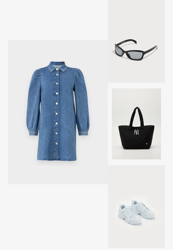 Džínové šaty s dlouhými vypufovanými rukávy, zapínáním na knoflíky vpředu, límcem a rovnými liniemi. Modrá tkanina s hladkou strukturou.; Světle modré sportovní boty s vrstveným a syntetickým svrškem, zdobené bílými puntíky a reflexními akcenty, šněrovací design a odpružené podešve.; Černé sluneční brýle s elegantním, úhlovým designem. Mají šedé čočky a lesklé plastové rámy. Obsahují malé kovové akcenty a branding na rameni.; Prošívaná černá taška na rameno s dvojitými uchy, s bílým logem New York Yankees a malým emblémem značky na boku.