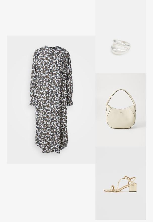 Gėlių suknelė, pasižyminti ilgu, laisvu siluetu, ilgomis rankovėmis, apvaliu iškirpimu ir tamsiu fonu su baltomis ir mėlynomis gėlių raštais.; Auksinės metalinės šlepetės su atvirais pirštais, kryžminėmis dirželiais ir blokuotu kulnu. Lygus paviršius su blizgiu apdaila ir minimalistišku dizainu.; Grietos spalvos rankinė su tekstūruotu paviršiumi, kreivos formos, trumpa rankena ir auksinės spalvos logotipo detalė. Užtrauktuko uždarymas viršuje.; Sidabrinis dvigubas žiedas su lygiu, poliruotu paviršiumi. Pasižymi sklandžiu, kreiptu dizainu su persipinančiomis dalimis, suteikiančiomis modernų išvaizdą.