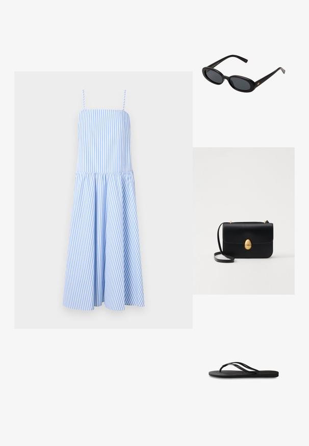 Modré a bílé proužkované šaty na ramínka, přiléhavý vršek a rozšířenou sukni. Vyrobené z lehkého materiálu, obsahují svislé proužky.; Černé žabky s texturovanou gumovou podrážkou, dvěma štíhlými popruhy a jemným, embosovaným logem na popruhu.; Černé oversized sluneční brýle s oválnými čočkami, hladkým plastovým rámem a zlatými akcenty na spáncích. Tmavé čočky poskytují ochranu před sluncem.; Černá kožená kabelka se strukturovaným obdélníkovým tvarem. Obsahuje zlatou oválnou sponu a tenký ramenní popruh. Hladký povrch.