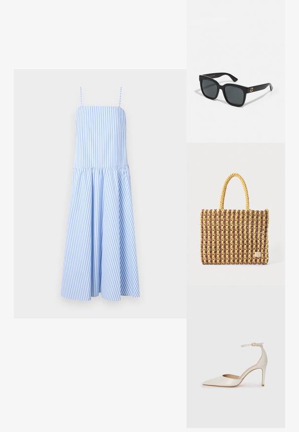 Modré a biele pruhované šaty so špagetovými ramienkami, priliehavým trupom a rozšírenou sukňou. Vyrobené z ľahkej tkaniny, s vertikálnymi pruhmi.; Biele kožené topánky na vysokom podpätku s špicatou špičkou, remienkom okolo členka a štíhlym stiletto podpätkom. Hladký povrch s jemným lesklým povrchom.; Čierne slnečné okuliare s obdĺžnikovými šošovkami, s lesklým povrchom a zlatými logovými akcentmi na stranoch. Tmavošedé šošovky poskytujú UV ochranu.; Tkaná taška v hnedej a žltej farbe, s obdĺžnikovým tvarom, dvoma úchytmi a textúrovaným povrchom s viditeľným šitím a značkovou visačkou.