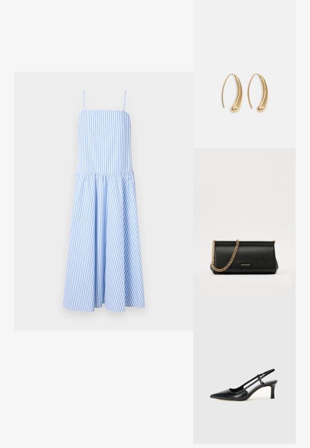 Gestreiftes Kleid in Blau und Weiß mit Spaghettiträgern, tailliertem Oberteil und ausgestellt Rock. Hergestellt aus leichtem Stoff, mit vertikalen Streifen.; Schwarze Lack-Slingback-Pumps mit spitzem Zehenbereich, versehen mit strukturiertem Schlangenprint, verstellbarem Riemen und einem kurzen, strukturierten Blockabsatz.; Schwarze Leder-Clutch mit einer goldenen Ketten-Trage, die eine glatte Oberfläche, rechteckige Form und geprägtes Branding auf der Vorderseite aufweist.; Goldfarbene Metall-Hoops mit einer geschwungenen, länglichen Form. Sie verfügen über eine glatte, glänzende Oberfläche und eine abgerundete Spitze für zusätzliche Details.