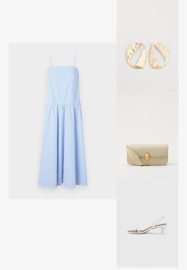 Rochie în dungi albastre și albe, cu bretele subțiri, torso ajustat și fustă evazată. Realizată dintr-un material ușor, prezintă dungi verticale.; Sandale albe cu toc mic, curele subțiri și o textură netedă din piele; prezintă o cataramă decorativă mică.; Geantă de mână din piele bej, cu o textură netedă, formă rectangulară și un închizător oval auriu. Dispune de o curea lungă, ajustabilă.; O pereche de cercei din metal de culoare aurie, cu formă ovală neregulată, având o suprafață texturată, ușor ciocănită, pe un fundal alb.