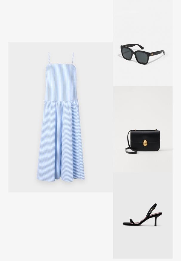 Zila un baltā svītrainā kleita ar pērlītēm, pieguļošu augšdaļu un izplestu svārku. Izgatavota no viegla auduma, veido vertikālas svītras.; Melna zamšaina sieviešu augstpapēžu sandaļi ar šaurām siksnām un zeltītu sprādzi uz baltā fona, sānu skats.; Melni saulesbrilles ar taisnstūra objektīviem, ar spīdīgu apdari un zeltītām logo detaļām uz brillēm. Tumši pelēki objektīvi nodrošina UV aizsardzību.; Melnas ādas rokassomu ar strukturētu taisnstūra formu. Iespējas zelta ovāla slēdzis un plāns plecu siksna. Gluda tekstūra.