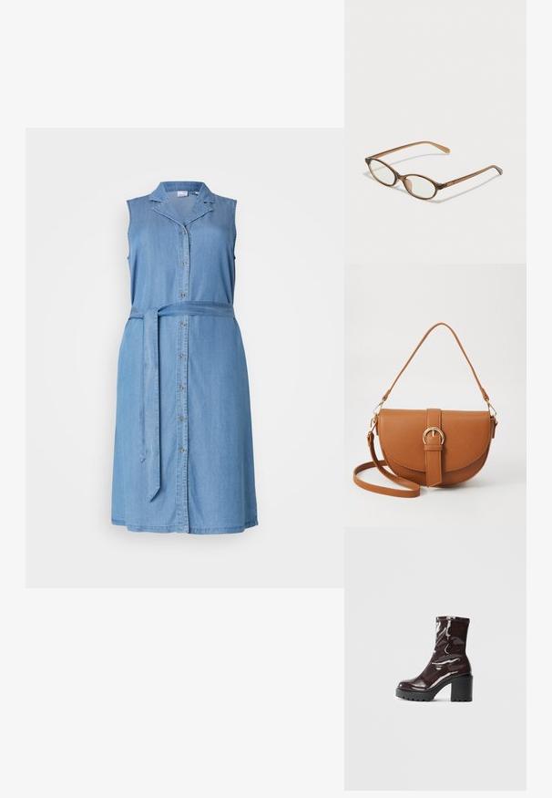 Lyseblå denim uten ermer med knapper foran, krage og matchende midjebånd. Glatt tekstur med knelangs design.; Glinsende burgunder ankelstøvel med en kraftig svart hæl, med en glatt tekstur og enkelt design. Ingen synlige lukkinger eller mønstre.; Brune skjellbriller med ovale linser, tynne stenger og gjennomsiktige detaljer. Har en subtil logo på stangen. Elegant, lett design.; Brun lærcrossbody-veske med en buet form, gullhardware og et spenneakcent. Har en avtakbar skulderreim.