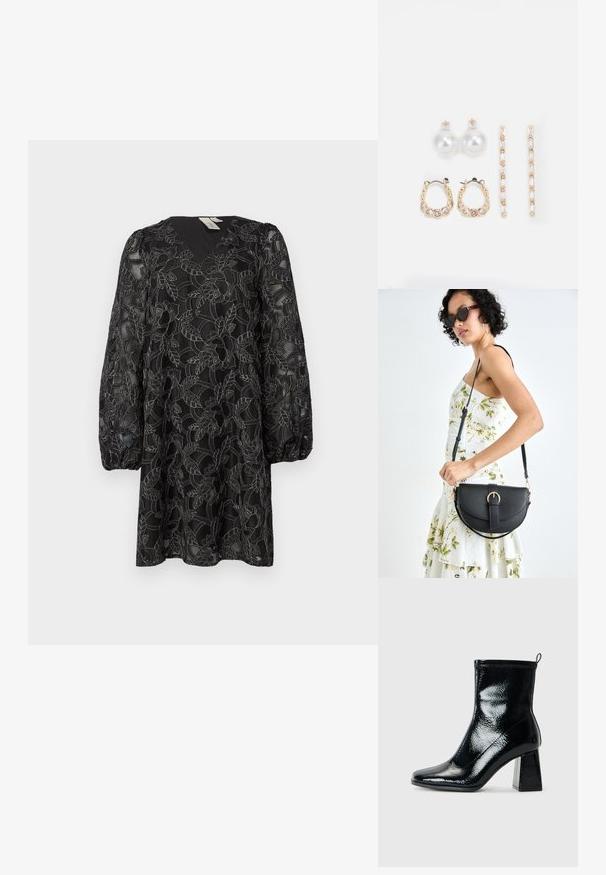 Čierne čipkované šaty s výstrihom do V a dlhými puff rukávmi. Majú kvetinové vzory a textúrovaný overlay. Dĺžka po stred stehna.; Čierne lakované členkové topánky so štvorcovou špičkou a masívnym geometrickým podpätkom. Majú hladkú, lesklú textúru a zadný štítok na ľahké obúvanie.; Čierna kožená kabelka s zaobleným tvarom, odnímateľným popruhom a zlatými doplnkami. Kabelka má klopu s detailom s prackou.; Tri páry náušníc: veľké biele perlové náušnice, zlaté kruhové náušnice s priehľadnými drahými kameňmi a dvoje dlhé, priamé zlaté akcentové náušnice so trblietavými detailmi.