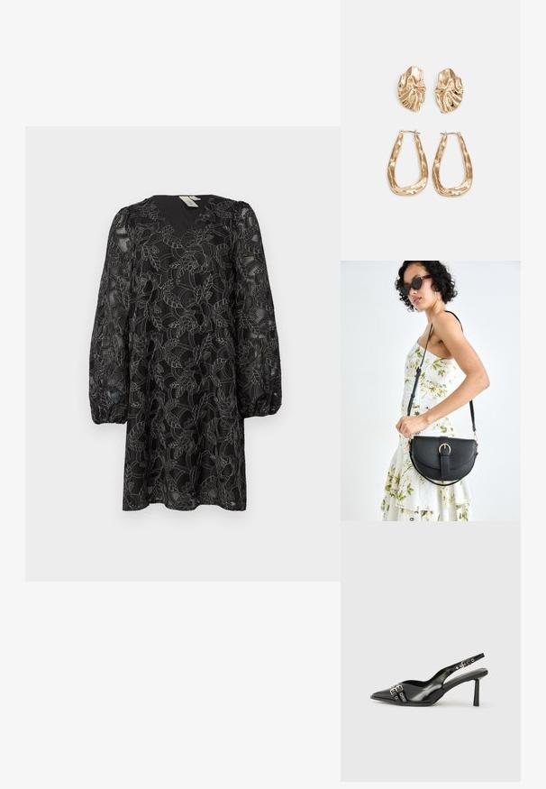 Vestido preto de renda com decote em V e mangas bufantes longas. Apresenta padrões florais e uma sobreposição texturizada. Comprimento até a metade da coxa.; Sapato slingback preto em pele patentada com bico apontado, tiras no tornozelo apresentando fivelas e acessórios prateados, e um salto elegante.; Bolsa de couro preta com forma curva, alça destacável e detalhes em dourado. A bolsa possui uma aba com detalhe de fivela.; Brincos em tom de ouro com formas onduladas e texturizadas. Inclui studs escultóricos com presilha e um design de argola aberta com um acabamento martelado.