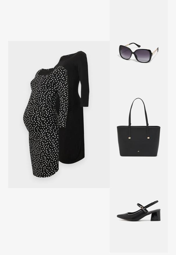 Fekete kismama ruhák: az egyik fehér pöttyökkel és testhezálló fazonban, a másik egyszínű fekete, lazább szabású és háromnegyedes ujjú.; Fekete lakk bőr, pántos magassarkú cipő, hegyes orral, lekerekített kivágással és tömbsarkal. Arany színű csat díszíti.; Fekete, oversize napszemüveg fokozatos árnyalatú lencsékkel, vastag kerettel és arany színű lánc díszítéssel a szárakon.; Fekete tote táska szintetikus anyagból, egyszerű téglalap formájú dizájnnal, arany négyzet díszítésekkel és dupla fogantyúkkal.