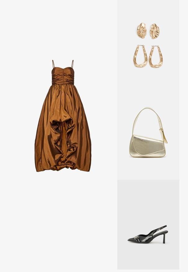 Bronzefarbenes Satin-Kleid mit strukturiertem Oberteil, das Raffungen, dünne Träger und einen voluminösen Rock mit gerafften Details am Saum aufweist.; Schwarzer Lackleder Slingback-Schuh mit spitzem Zehenbereich, Knöchelriemen mit silbernen Schnallen und Beschlägen sowie einem schlanken Absatz.; Goldfarbene metallische Handtasche mit strukturiertem Design, glatter Textur und verstellbarem Tragegurt. Sie verfügt über eine einzigartige dreieckige Form und minimalistische Nähte.; Ohrringe in Goldoptik mit strukturierten, gewellten Formen. Beinhaltet skulpturale Clip-Ohrringe und ein offenes Hoop-Design mit gehämmertem Finish.