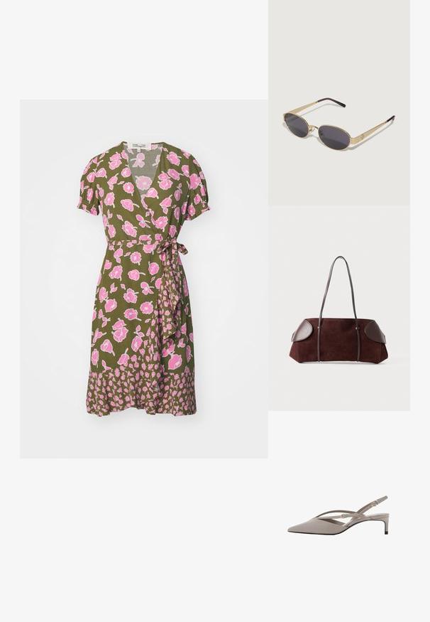 Diane von Furstenberg EMILIA MINI DRESS - Dnevna haljina - rose/khaki; Bež sandale sa špicastim vrhom, tankim ukriženim trakama i kratkim potpeticama. Glatka tkanina s dodatnim zlatnim detaljima.; Smeđe sunčane naočale s metalnim okvirom u zlatnoj boji i ovalnim tamnim staklima. Tanji nosevi prelaze u ljubičaste vrhove. Upadljivi logotip sa strane.; Smeđi luksuzni ručni rad s kožnim detaljima, strukturiranog oblika, s dvostrukim remenjem za rame i zaobljenim rubovima, s glatkom teksturom i minimalnim hardverom.