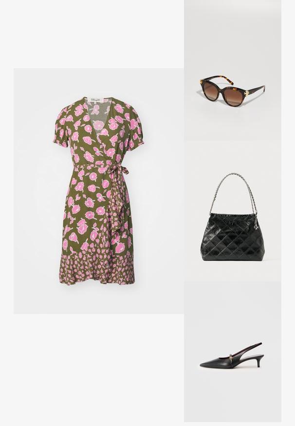 Diane von Furstenberg EMILIA MINI DRESS - Dnevna haljina - rose/khaki; Crne kožne cipele s povišenim petama, uskog vrha, tanke petice i zlatnim detaljem u blizini narukvice. Glatka tekstura i jednostavan dizajn.; Naočale u obliku leptira od kornjačevine, s nagibnim smeškim staklima smeđe boje i zlatnim akcentima na prednjoj strani, sa tankim rukama s sjajnim finišem.; Crna prešivana kožna torba s ručkom od srebrnog lanca, sa strukturiranim dizajnom i glatkom teksturom.