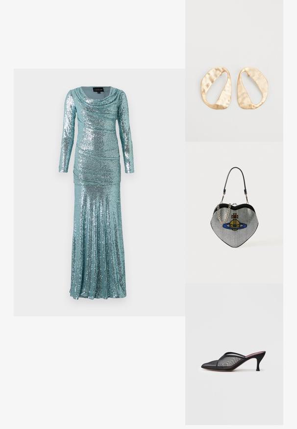Dlouhý rukáv tyrkysových šatů s lodičkovým výstřihem, zdobené všudypřítomnými flitry, sřasením a přiléhavým střihem, který se rozšiřuje k rozšířenému lemu.; Černé síťované muly s špičatou špičkou, tenkými popruhy a 7,5 cm stiletto podpatkem. Vyznačují se průhlednou texturou a pevným tónovaným podkladem.; Kabelka ve tvaru srdce vyrobená z mřížkového materiálu s metalickým povrchem, která obsahuje design kočky a planety v modré, žluté a červené barvě. Zahrnuje řetízek na nošení.; Pár nepravidelných oválných náušnic z kovu pozlaceného zlatem s texturovaným, mírně kladivkovým povrchem na bílém pozadí.
