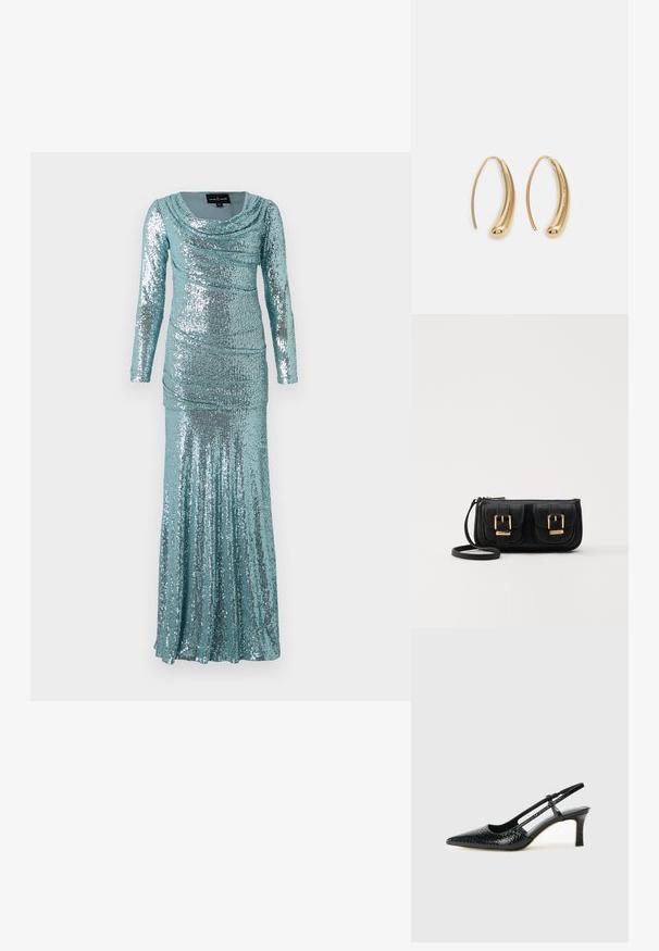 Dlhý rukáv teal šaty s cowl výstrihom, zdobené flitrami po celom povrchu, s nariasením a priliehavým strihom, ktorý prechádza do rozšíreného lemu.; Čierne patentové slingback topánky na ihlovom podpätku s špicatou špičkou, s textúrovaným hadím vzorom, nastaviteľným popruhom a krátkym, textúrovaným blokovým podpätkom.; Čierna kožená crossbody taška s dvoma prednými vreckami, zlatými sponami, zipsovým uzatváraním a úzkym popruhom. Štruktúrovaný povrch a kompaktný obdĺžnikový tvar.; Náušnice vo forme zlatých kovových kruhov s zakriveným, predĺženým tvarom. Majú hladký, lesklý povrch a zaoblený koniec pre pridanie detailu.