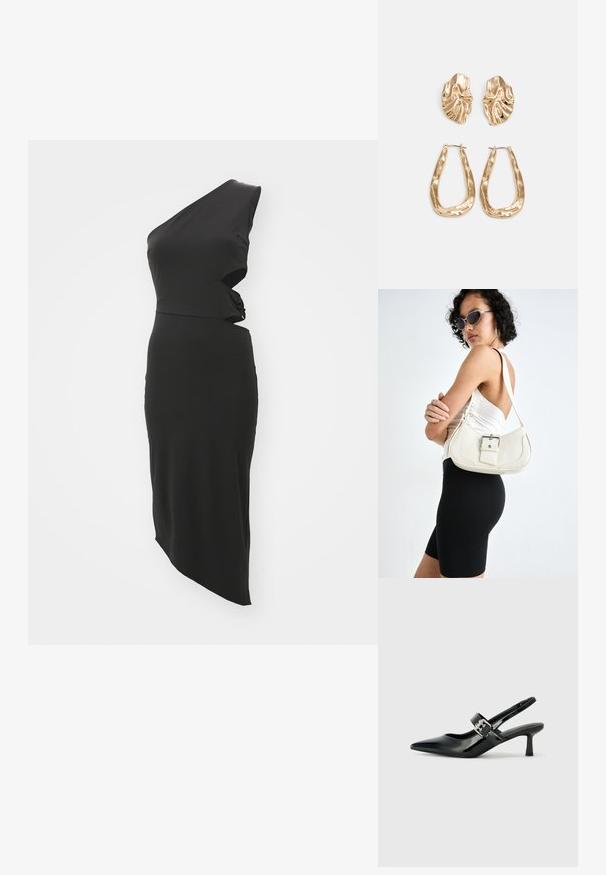 Vestido preto de uma só manga com silhueta ajustada, bainha assimétrica e design torcido na cintura. Feito de material liso e elástico.; Saltos slingback em verniz preto com bico pontiagudo e um pequeno salto bloco, apresentando um detalhe de fivela prateada na tira.; Bolsa de couro branca com um formato curvado, alça ajustável e um pequeno detalhe de fivela. Modelo usa um traje preto ajustado.; Brincos em tom de ouro com formas onduladas e texturizadas. Inclui studs escultóricos com presilha e um design de argola aberta com um acabamento martelado.
