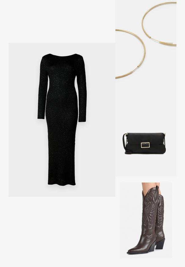 Juoda, ilgomis rankovėmis suknelė, pagaminta iš tekstūruoto audinio, su prigludusia forma ir grindis siekiančiu dizainu, turinti subtilių blizgučių visame paviršiuje.; Rudos odinės kaubojaus batai su smailiu priekiu ir blokuotu kulnu, pasižymintys detaliu siuvinėjimu ir iškiliais akcentais ant ašies.; Juodas odinis dėkliukas su atvarteliu ir auksinės metalinės sagties detalėmis. Įeina juodas diržas ir elegantiškas, minimalistinis dizainas.; Aukso spalvos žiedo auskarai, ploni ir apvalūs, su lygiu metaliniu paviršiumi be papuošimų ar raštų.