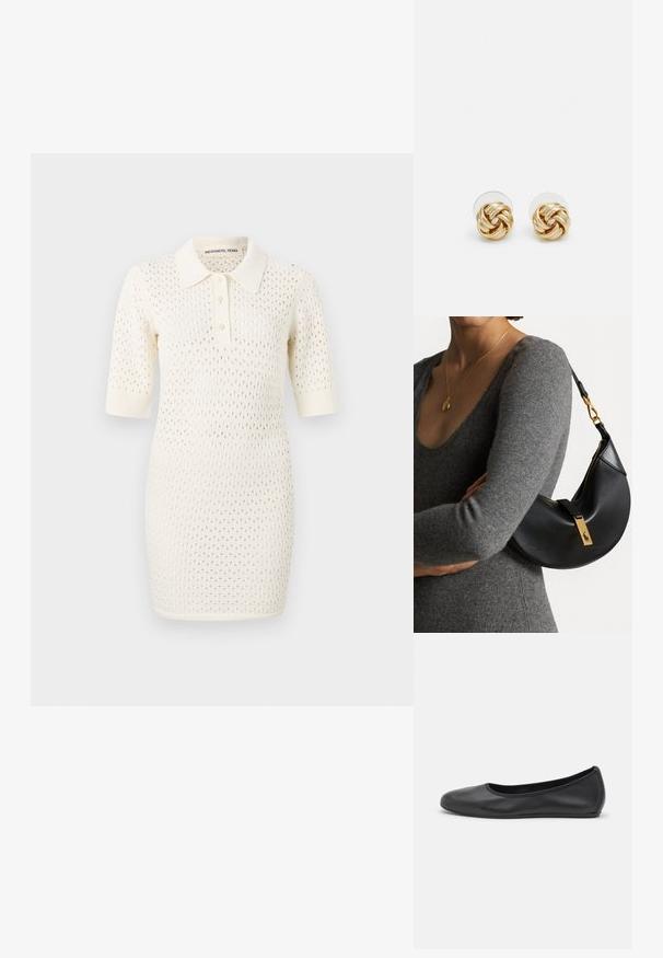 Kootud polo kleit kreemis, lühikeste varrukatega, kraega, kolme nööbiga avausega ja avatud kudumismustriga kogu kangas.; Musthave mustika tantsutossud mustast nahast, ümmarguse varbaga, siledast tekstuurist, minimaalse õmblusdetailiga ja paindliku tallakujundusega.; Must mustast mustakoti, millel on kuldne riistvara ja millel on lukuga sulgemine. Kanda üle keha halli kampsuni peal.; Kuldse tooni sõlm kõrvarõngad, millel on keeratud disain. Igal kõrvarõngal on ringikujuline läbipaistev tagaosa, mis tagab kindla kandmise.