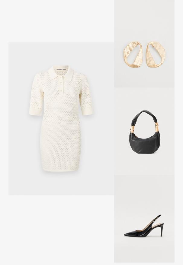 Knit polo klänning i krämfärgad, med korta ärmar, krage, knapplist med tre knappar och ett öppet vävmönster genom hela tyget.; Svart patenterat läder slingback pumps med spetsig tå, smal klack och en subtil utskärning. Har en guldbuckle på remmen.; Svart läderhandväska med rund form, mjuk textur och ett knuthandtag med detaljer i guldfärg. Dragkedjestängning.; Ett par oregelbundna ovalformade örhängen i guldtonad metall med en strukturerad, något hamrad yta på en vit bakgrund.