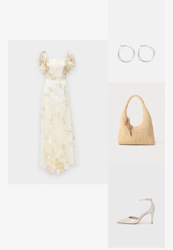 Ida Sjöstedt ALESSIA GOWN - Occasion wear - ivory; White leather high-heeled shoe with a pointed toe, ankle strap, and a slim stiletto heel. Smooth texture with subtle glossy finish.; Woven beige handbag with a curved handle, textured surface, and a brown tassel detail. Features a slouchy, hobo shape.; Silver hoop earrings feature a smooth, rounded design with a thin profile and secure clasp. Minimalistic style with a polished finish.