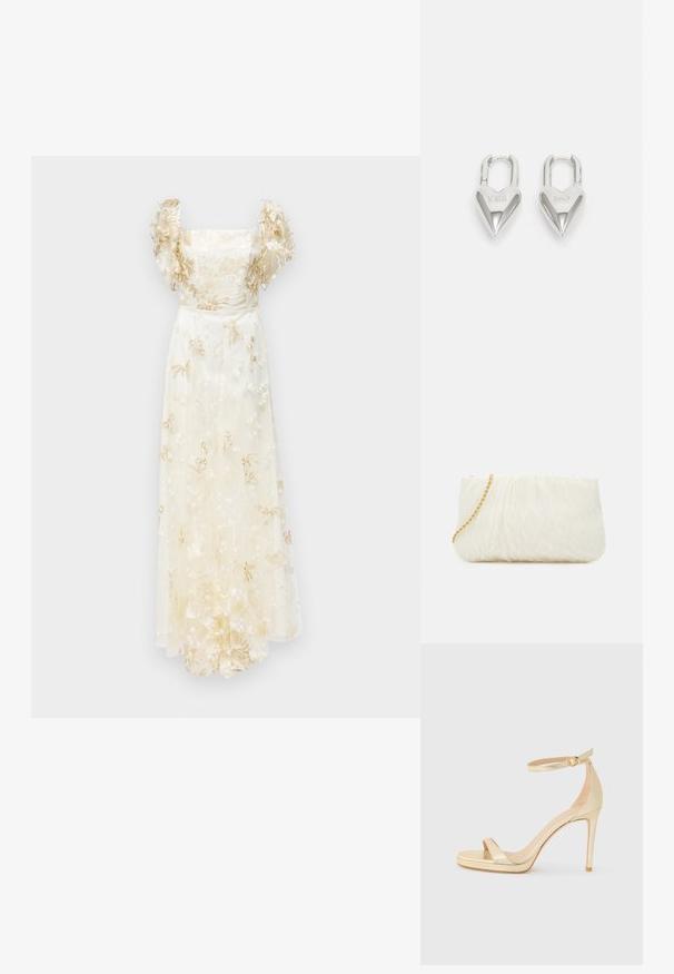 Ida Sjöstedt ALESSIA GOWN - Pidulikud riided - ivory; Kuldne metallik kõrge kontsaga sandaal avatud varbaga, pahkluu rihm luku ja platvormiga, et lisada kõrgust. Sile tekstuur.; Valge tekstuuriga käekotike, millel on volditud disain ja kuldne ahel. Sile viimistlus peente lainetega ja ümarate servadega.; Hõbedased südamekujulised lukuvidinad, millel on kohandatud "JAA" ja "EI" tekst, poleeritud viimistlus, sümmeetriline disain ja tugev metallist klamber.