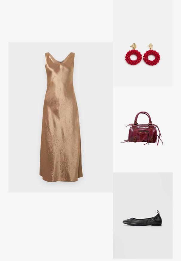 Bronzefarbenes Satin-Midikleid mit ärmellosem Design, Rundhalsausschnitt und seitlichem Schlitz, das eine subtile strukturelle Oberfläche aufweist.; Schwarze Leder-Ballettschuhe mit runder Spitze, gerafften elastischen Seiten und einer Schlaufe an der Ferse, auf einem hellen Hintergrund präsentiert.; Rote Lederhandtasche mit glänzender Oberfläche, strukturiertem Design, doppelten Griffen, Reißverschluss oben, dekorativen Schnallen und seitlicher Tasche mit Fransen-Details.; Rote Perlenohrringe in Hoop-Form mit strukturierter Oberfläche und einem Postverschluss in Goldfarbe. Kreisförmiges Design mit offenem Zentrum und abgerundetem Perlendetail.
