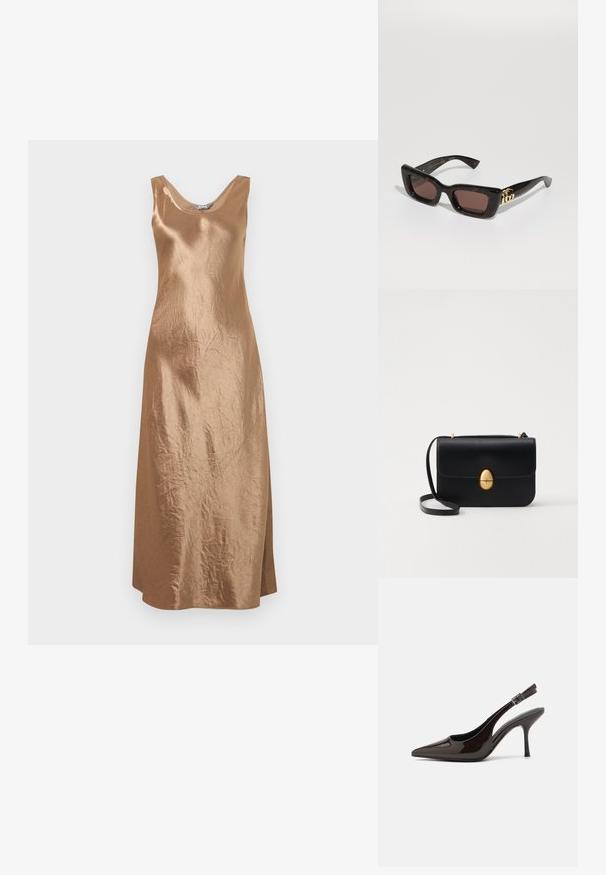 Bronzas satīna midi kleita ar bezpiedurkņu dizainu, apaļu kakla izgriezumu un sānu šķēlumu, ar smalku teksturētu apdari.; Slingback augstpapēžu kurpe ar spīdīgu tumši brūnu lakotu ādu, ar norādītu purngalu, atvērtām pusēm un regulējamu potītes siksniņu.; Melna bruņurupuču stila sauļošanās brilles ar taisnstūra lēcām, brūnu toņu, biezām rāmēm un zelta dubulto-G logo detaļu uz tempļa.; Melnas ādas rokassomu ar strukturētu taisnstūra formu. Iespējas zelta ovāla slēdzis un plāns plecu siksna. Gluda tekstūra.