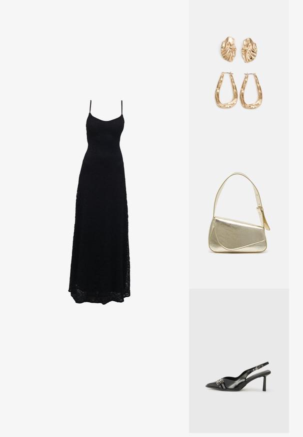 Černé krajkové maxi šaty s tenkými ramínky, přiléhavým korzetem, rozšířenou sukní a složitým krajkovým vzorem po celé látce.; Černá lakovaná slingback obuv s špičatou špičkou, kotníkovými pásky s kovovými sponami a příslušenstvím, a štíhlým podpatkem.; Zlatá metalická kabelka se strukturovaným designem, hladkým povrchem a nastavitelným popruhem. Disponuje unikátním trojúhelníkovým tvarem a minimalistickým prošitím.; Náušnice ve zlatém tónu s texturovanými, vlnitými tvary. Obsahují sochařské klipy a design otevřeného kruhu s kladivkovým povrchem.