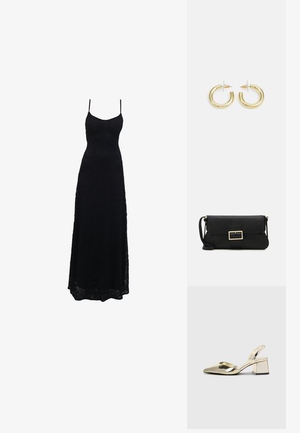 Juoda nėriniais maxi suknelė su plonais petnešomis, prigludusia liemene, platėjančia sijona ir sudėtingu nėrinių raštu visame audinyje.; Auksiniai, metaliniai slingback aukštakulniai bateliai su smailiu pirštu ir masyviu kulnu. Lygus paviršius, minimalizmo dizainas ir siaura juostelė.; Juodas odinis dėkliukas su atvarteliu ir auksinės metalinės sagties detalėmis. Įeina juodas diržas ir elegantiškas, minimalistinis dizainas.; Aukso auskarai su lygiu, blizgiu paviršiumi. Apvalus dizainas su maža užrakto dalimi ir skaidria atrama saugiam nešiojimui.