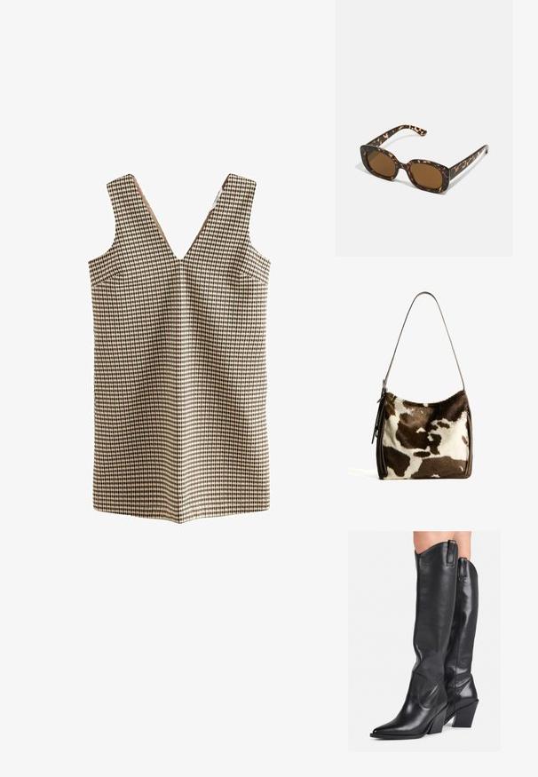 Rute-stribet kjole med V-udskæring, lavet af et vævet stof i beige, brune og sorte nuancer. Har to sidelommer og ingen lukning.; Sorte læder støvler til knæene med spids tå, buet skaft og kraftig hæl. Har en glat tekstur og trækflapper øverst.; Skildpadde-solbriller med en rund, kraftig ramme og brune linser. Har subtile mønstre og lige, afsmalnende stænger.; Brun og creme farvet koe læder skuldertaske med en glat læderrem, lynlås lukning og en blød, tekstureret overflade med et naturligt mønster.