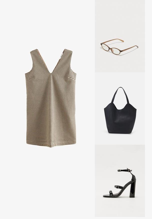 Vestido de cuadros con escote en V, hecho de una tela tejida en tonos beige, marrón y negro. Presenta dos bolsillos laterales y no tiene cierres.; Sandalias de tacón de charol negro con punta cuadrada, correas en el tobillo y hebillas plateadas. Presentan un tacón grueso para mayor estabilidad.; Gafas de carey marrón con lentes ovalados, patas delgadas y acentos transparentes. Presenta un sutil logo en la varilla. Diseño elegante y ligero.; Bolso tote negro fabricado en cuero liso, con un diseño minimalista que presenta un borde superior curvado y dos asas para el hombro.