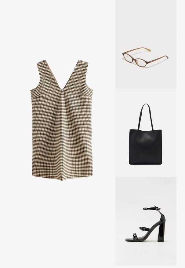 Robe à carreaux avec un décolleté en V, fabriquée à partir d'un tissu tissé dans des tons beiges, bruns et noirs. Présente deux poches latérales et ne comporte aucun dispositif de fermeture.; Sandales à talons vernies noires avec un bout carré, des sangles autour de la cheville et des boucles en argent. Dotées d'un talon bloc épais pour plus de stabilité.; Lunettes en écaille de tortue marron avec des verres ovales, des branches fines et des accents transparents. Présente un logo subtil sur la branche. Design élégant et léger.; Sac fourre-tout en cuir noir avec une texture lisse, de forme rectangulaire et deux longues poignées. Pas de matériel ou d'ornementations visibles.
