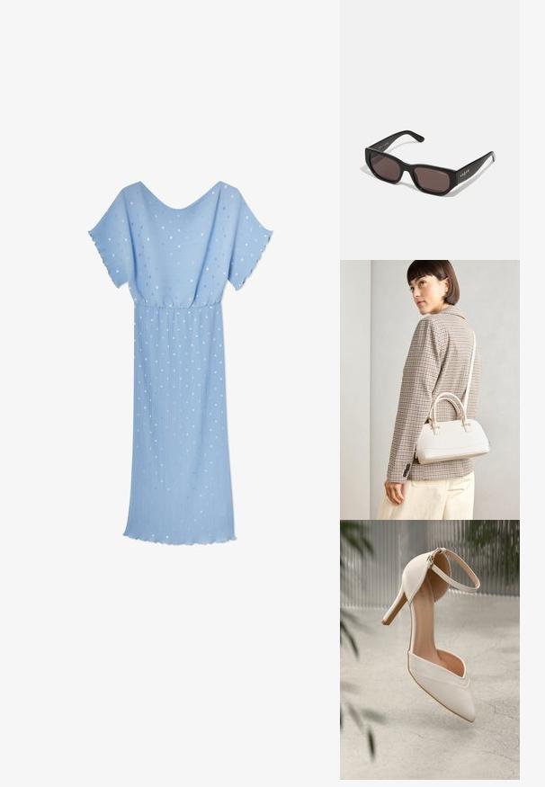 Gaiši zila kleita ar īsām plandošām piedurknēm, plektu tekstūru, izkaisītām sudraba un baltām punktu rakstu un brīvu piegriezumu.; Balta augstpapēžu kurpe gludā materiālā ar smailu purngalu un potītes siksniņu. Iekšpuse ir gaiši brūna, un ir zelta tonī detalizējumi.; Melnas taisnstūra formas saulesbrilles ar tumšiem lēcām. Iezīmējas ar gludu plastmasas rāmi un logo detaļu uz tempļa. Tīrs, mūsdienīgs dizains.; Balta strukturēta roku soma ar īsām rokturiem un plecu siksnu, ar zelta aparatūras akcentiem un strukturētu materiālu, izstādīta uz pelēka fona.