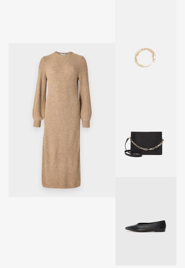 Bež haljina od pletene tkanine s dugim, nabranim rukavima, rebrastom teksturom i dijagonalnim šavovima, koja doseže do sredine lista. Okrugli izrez i prilagođeni silueta.; Crne kožne balerinke, uski vrh, minimalistički dizajn, glatka tekstura, niska peta, bez vidljivih dodataka ili ukrasa.; Crna kožna torba preko tijela s glatkom teksturom, pravokutnim oblikom i metalnim lancem na prednjoj strani. Uključena je podesiva naramenica.; Prsten u zlatnoj nijansi s organskim, uvijenim dizajnom, glatkom teksturom i suženim krajevima, koji stvara moderan, skulpturalni izgled.