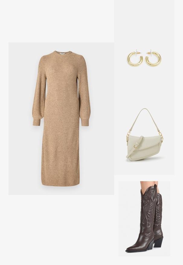 Beige pletené šaty s dlouhými, nabíranými rukávy, žebrovanou texturou a šikmými švy, sahajícími do poloviny lýtek. Kulatý výstřih a přiléhavý střih.; Hnědé kožené kovbojské boty s špičatou špičkou a blokovým podpatkem, se zdobným prošíváním a vyvýšenými akcenty na nárazu.; Malá krémová kabelka s texturovaným povrchem, dlouhým nastavitelným popruhem, řetízkovým akcentem a klopou. Ozdobné detaily zlaté barvy.; Zlaté kruhové náušnice s hladkým, lesklým povrchem. Kruhový design s malým kolíčkem a průhledným záznamem pro bezpečné nošení.