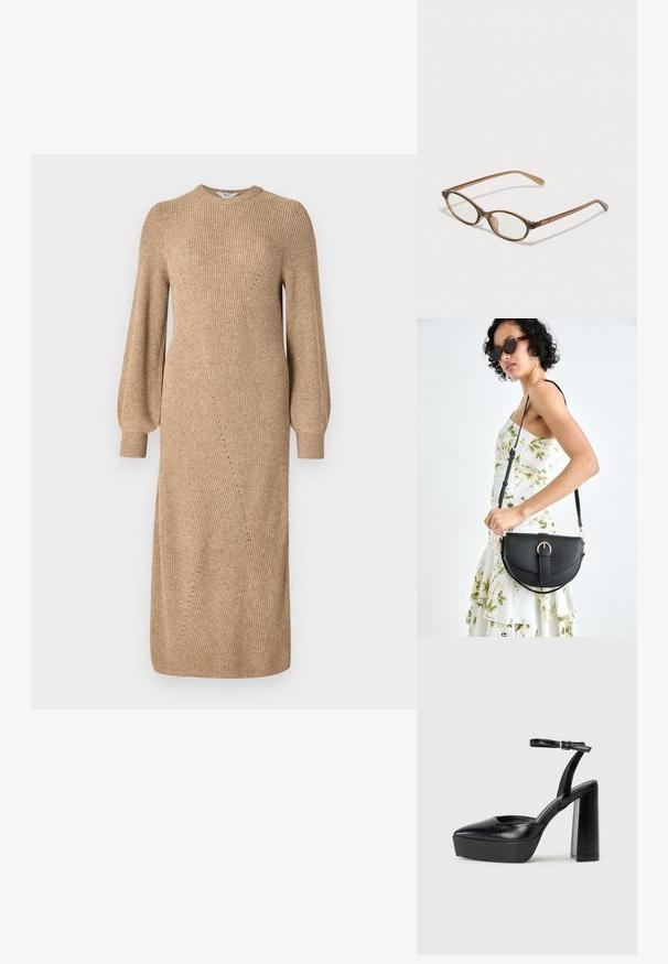 Beige strikket kjole med lange, blussede ærmer, ribbet tekstur og skrå syninger, der når til midten af læggen. Rund halsudskæring og tætsiddende silhuet.; Sorte platformhæle med spidse tæer og justerbar ankelrem. Construeret i glat læder, med en kraftig blokhæl.; Brune skildpaddemønstrede briller med ovale linser, tynde arme og gennemsigtige accenter. Har et diskret logo på stangen. Slankt, let design.; Sort læderhåndtaske med en buet form, aftagelig rem og guldfinish. Tasken har en klap med en spænde detalje.