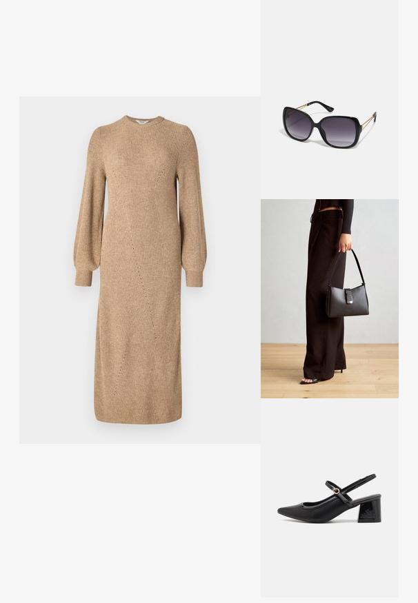Beżowa dzianinowa sukienka z długimi, bufiastymi rękawami, żebrową teksturą i skośnymi detalami szwów, sięgająca do połowy łydki. Okrągły dekolt i dopasowany krój.; Czarne lakierowane czółenka na słupku ze spiczastym noskiem, lekko zaokrąglonym wycięciem i obcasem w kształcie bloku. Posiadają złotą klamrę jako akcent dekoracyjny.; Czarne oversize okulary przeciwsłoneczne z gradientowymi soczewkami, grubymi oprawkami i złotym łańcuszkiem na ramionach.; Czarna torebka o usztywnionym kształcie, gładkiej fakturze i metalowym zapięciem. Połączona z szerokimi czarnymi spodniami i sandałami na otwartym palcu na drewnianej podłodze.