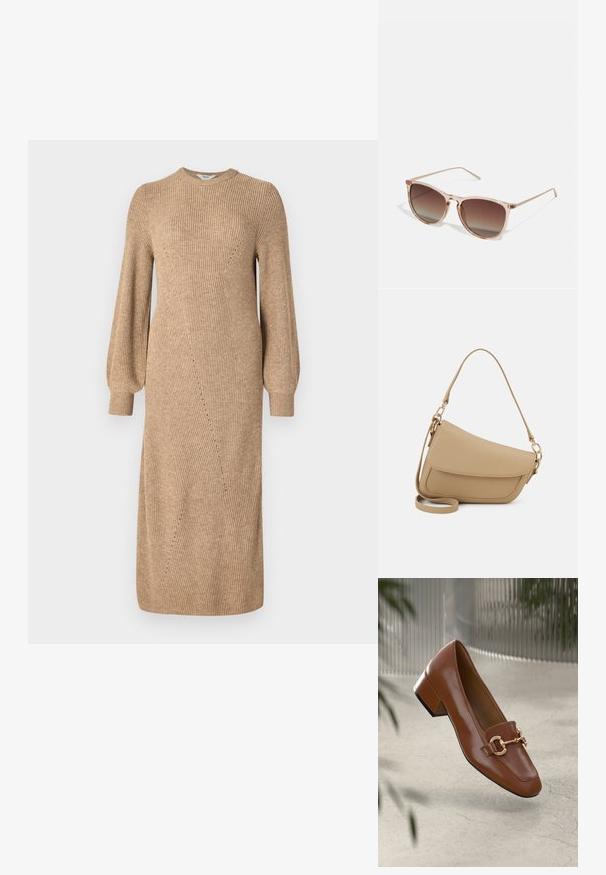 Bežové pletené šaty s dlhými, nadúvanými rukávmi, rebrovanou textúrou a uhlovými švovými detailmi, siahajúcimi po polovicu lýtok. Okrúhly výstrih a priliehavý strih.; Hnedé lakované kožené loafers s hranatou špičkou, kovovým reťazovým akcentom a nízkym blokovým podpätkom; hladká textúra, minimalistický dizajn.; Hnedé slnečné okuliare s prechodovým efektom a priehľadným ružovým rámom, štvorcového tvaru a tenkými kovovými ramenami. Obsahujú zaoblené okraje a minimálne detaily.; Even&Odd Kabelka - beige