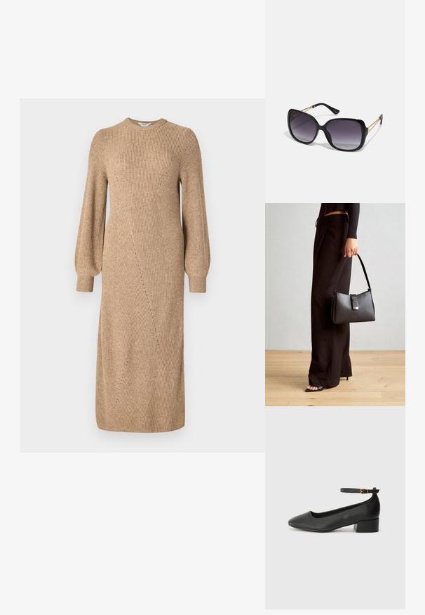 Bežs adīts kleita ar garām, pūstām piedurknēm, ribotu tekstūru un slīpām sašuvēm, kas sasniedz vidus teļa. Apaļa kakla izgriezums un pieguloša siluets.; Melnas ādas sūkņi ar smailu purngalu un zemu bloku papēdi. Iezīmēts ar potītes siksniņu ar zelta krāsas sprādzi. Gluda tekstūra.; Melni pārmērīgi lieli saulesbrilles ar gradāciju lēcām, biezām rāmja malām un zeltainas krāsas ķēžu detaļām uz tempļiem.; Melnā somiņa ar strukturētu formu, gludu tekstūru un metālu sprādzi. Saskaņota ar platām melnām biksēm un sandālēm ar atvērtu purngalu uz koka grīdas.